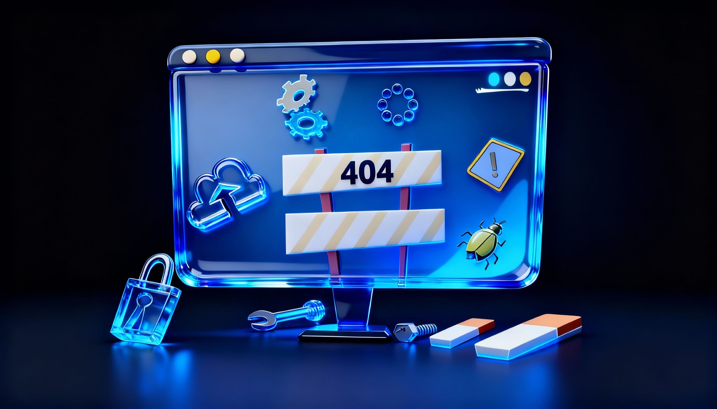 Screen with a loading symbol, gears, warning sign, locker, bug and other elements symbolising website maintenance