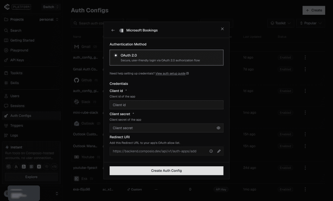 OAuth credential fields left empty for privacy