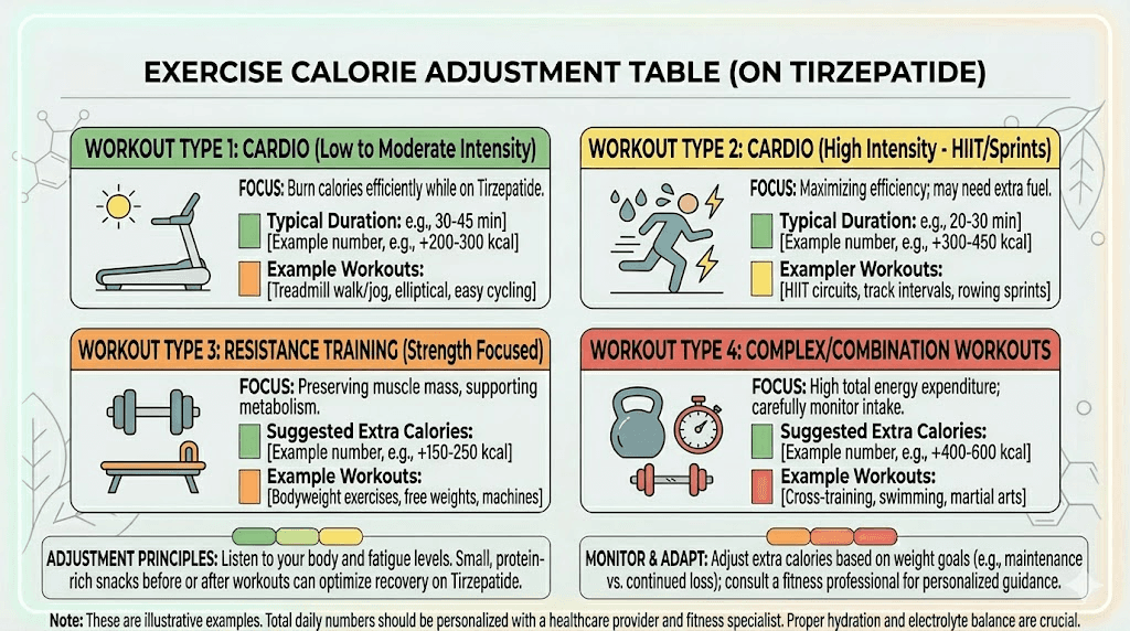 Calorie adjustments for exercise while on tirzepatide by workout type