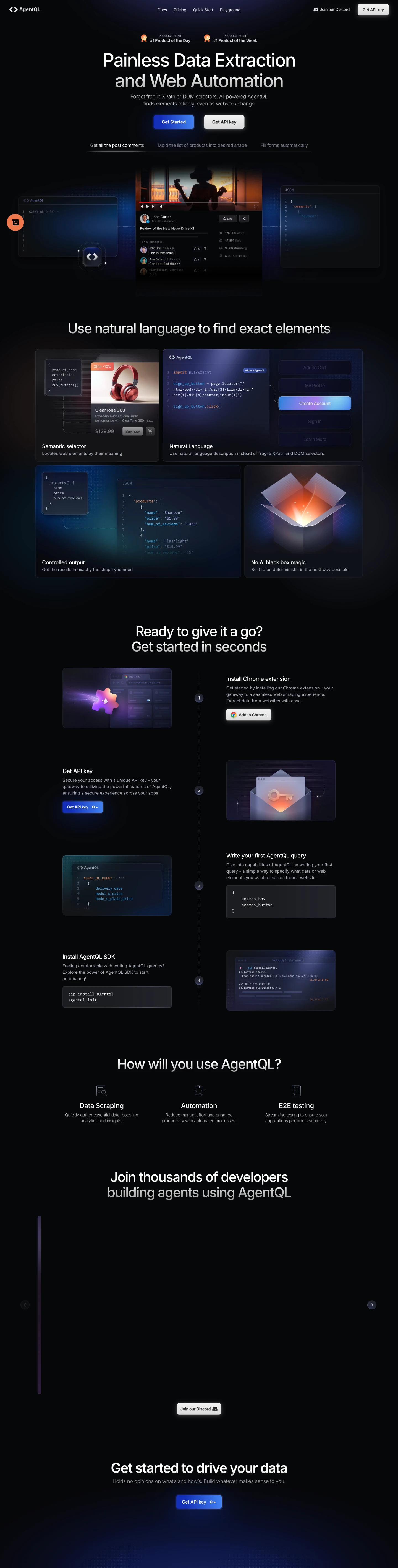 Agentql landing page screenshot showcasing Tech design