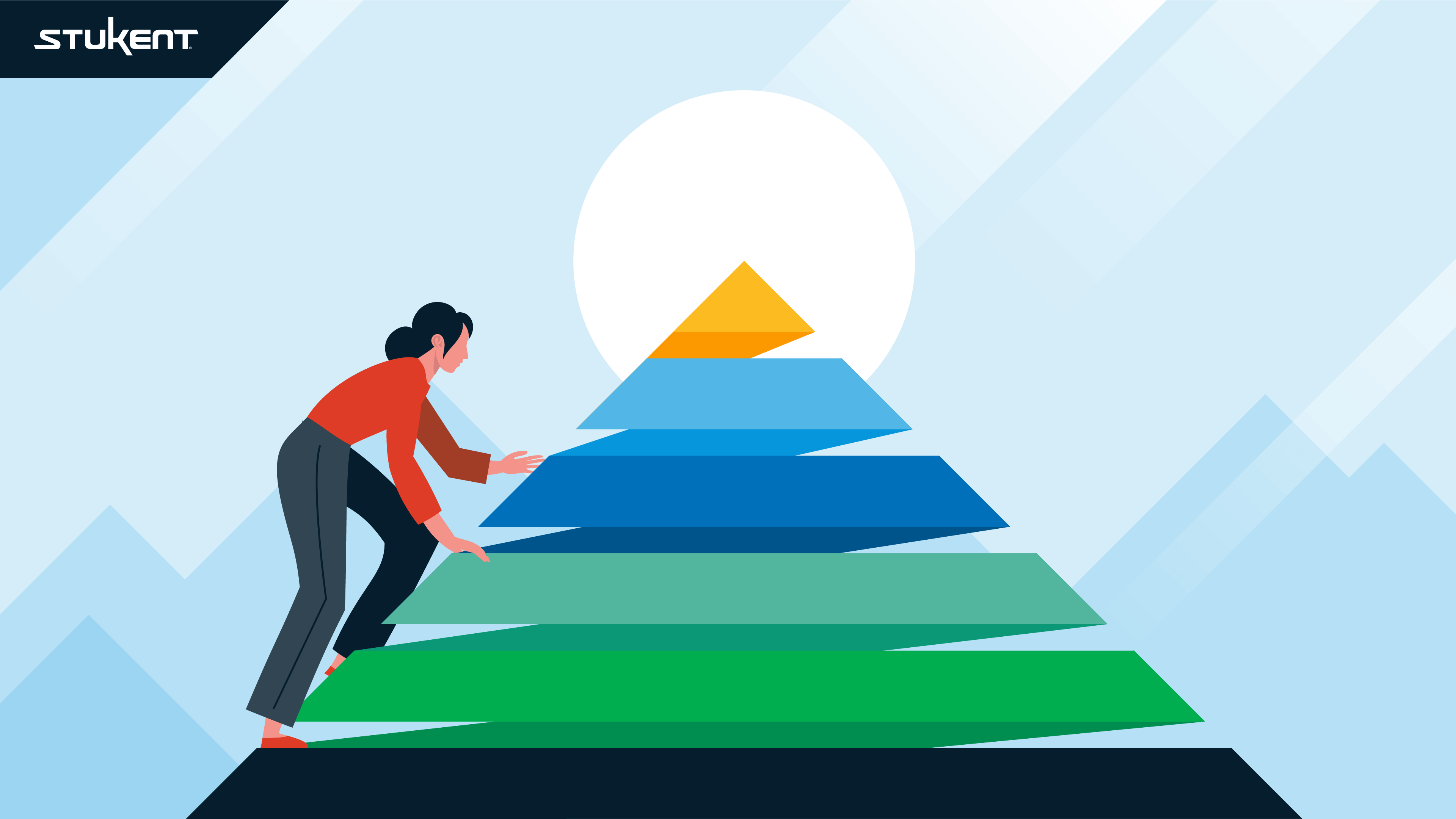 Annimated image of a woman climbing a pyramid