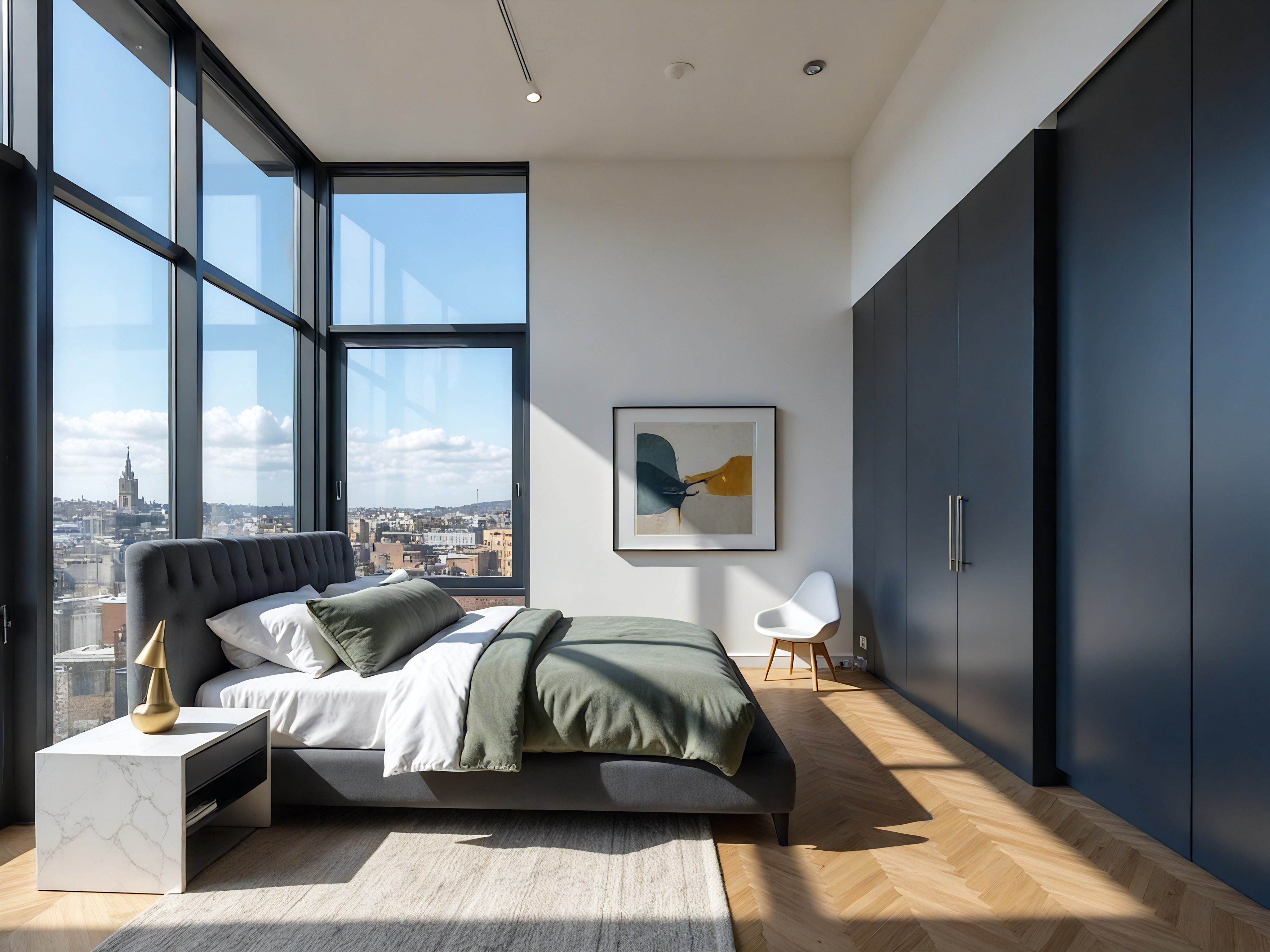 A luxurious, traditional bathroom with off-white paneled walls, white marble flooring, and intricate crown molding. Centered under a large three-paneled sash window is a white clawfoot bathtub featuring ornate gold feet and a matching gold faucet. A delicate crystal chandelier hangs directly above the tub. To the left, a walk-in shower with marble wall tiling and a glass door is visible, with a white towel hanging on a gold rail nearby. To the right, a white vanity with a marble countertop holds a gold faucet, paired with a gold-framed mirror and a classic wall sconce. The room is filled with bright, natural light, creating an airy and sophisticated atmosphere.