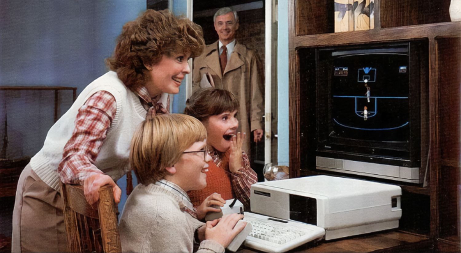 People around a nostalgic computer