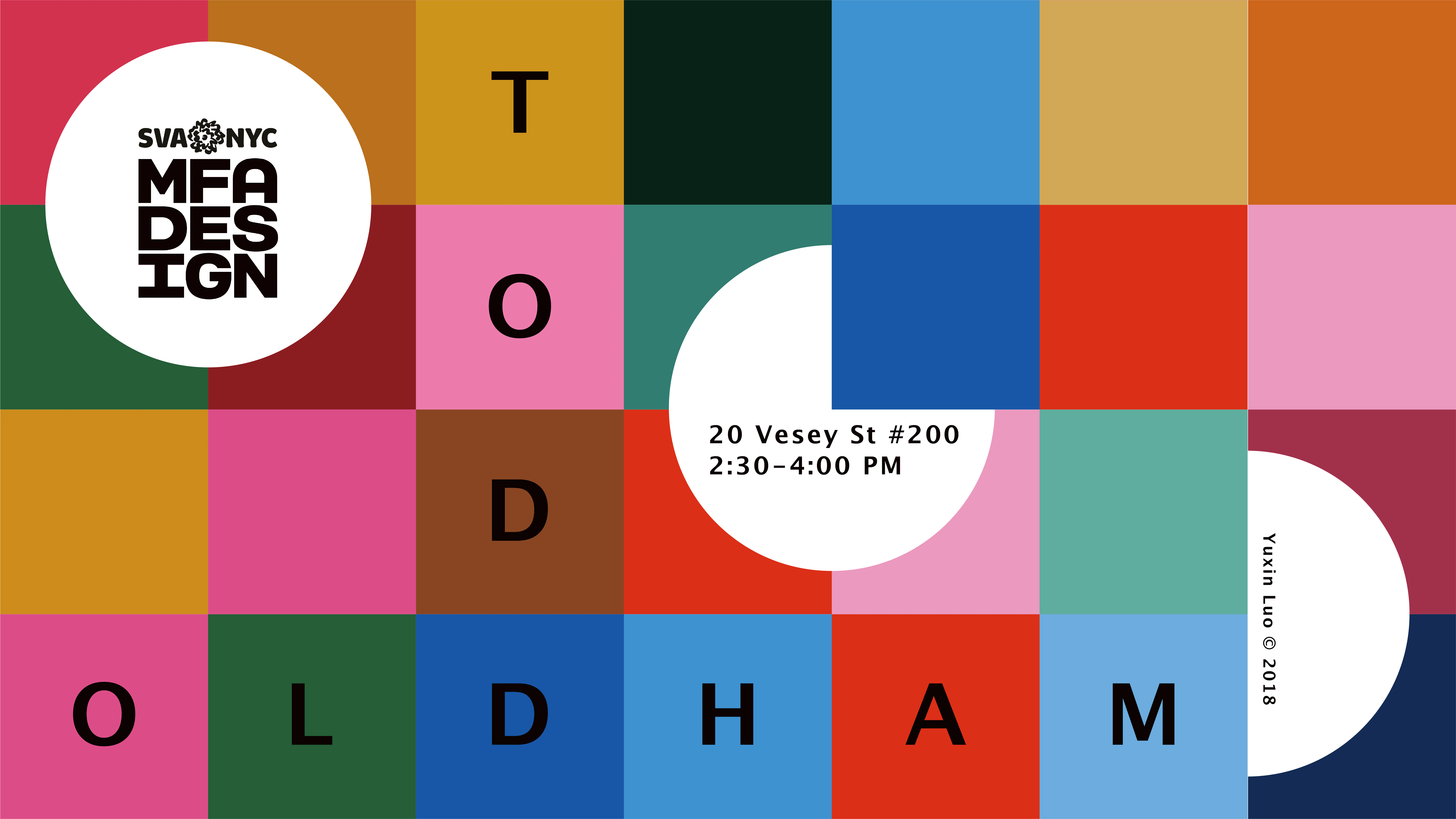 A poster filled with colorful squares, a white circle with SVA MFA Design logo and some text that says: Todd Oldham.
