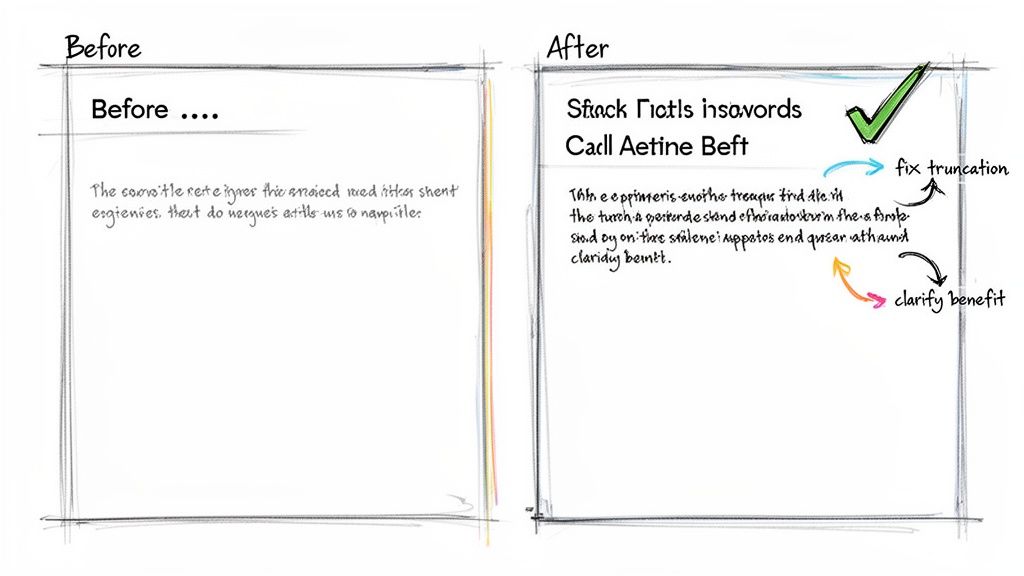 Diagram comparing 'Before' and 'After' content with annotations for fixing truncation and clarifying benefit.