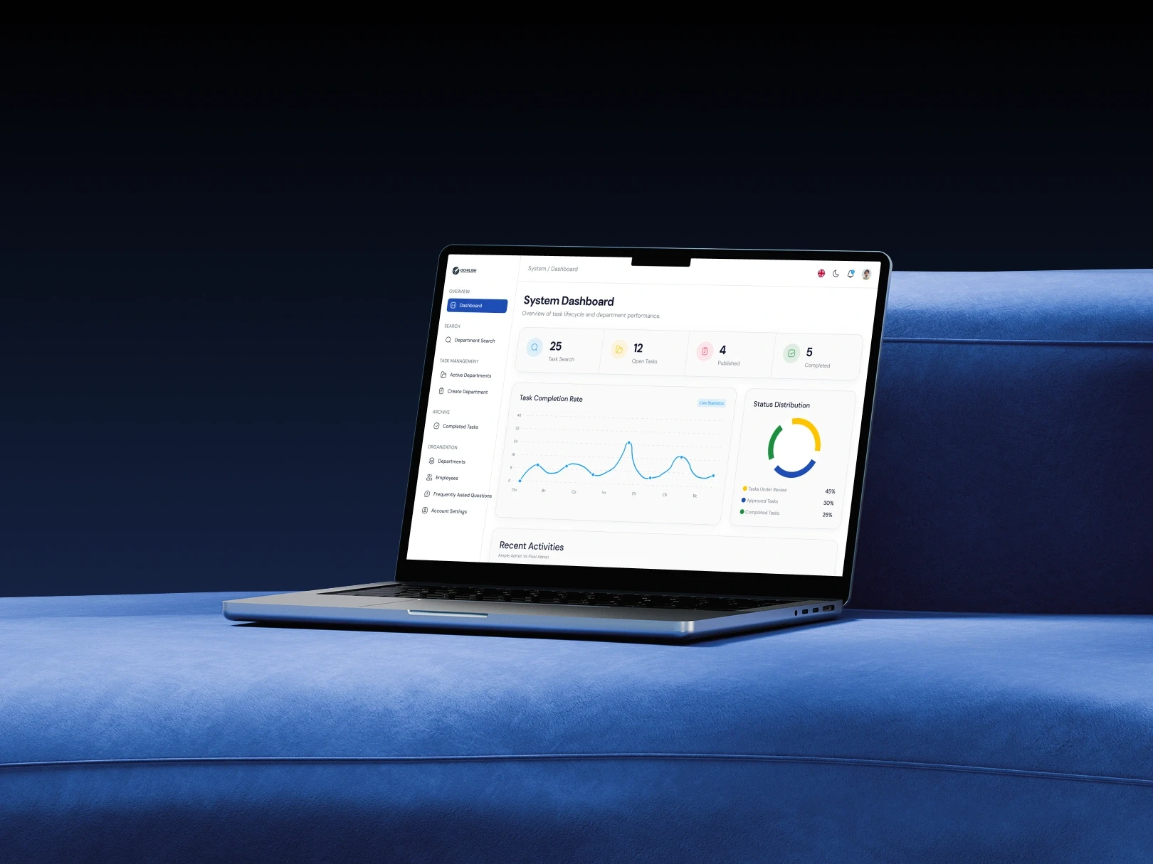 Ochilish property management SaaS dashboard on MacBook — B2B task and team management system UI design for real estate companies, 2026
