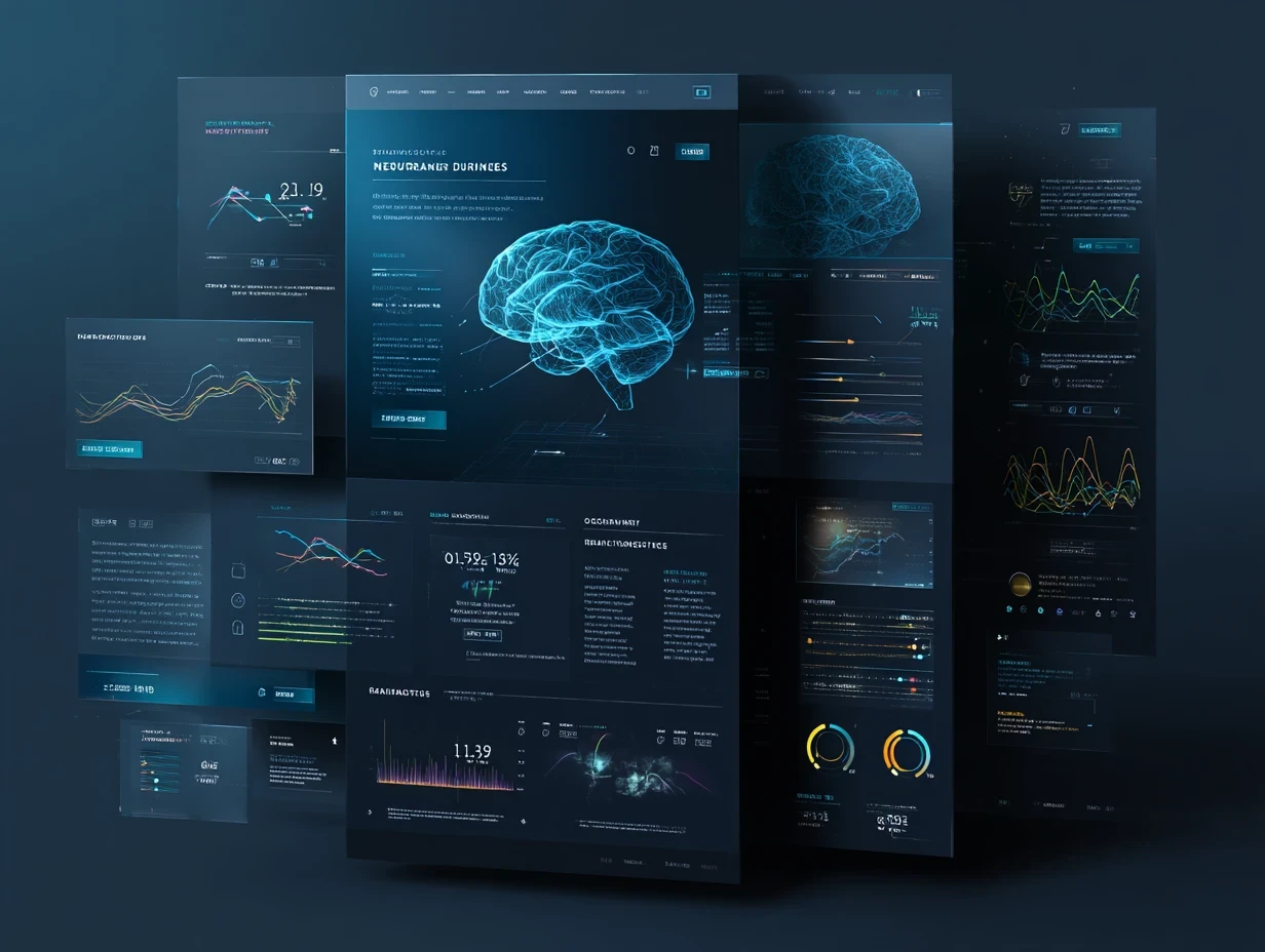  Infographic-style modern webpage wireframe with floating dashboard panels, visualizing analytics in shades of blue and featuring a digital brain illustration, line graphs, and UI elements.