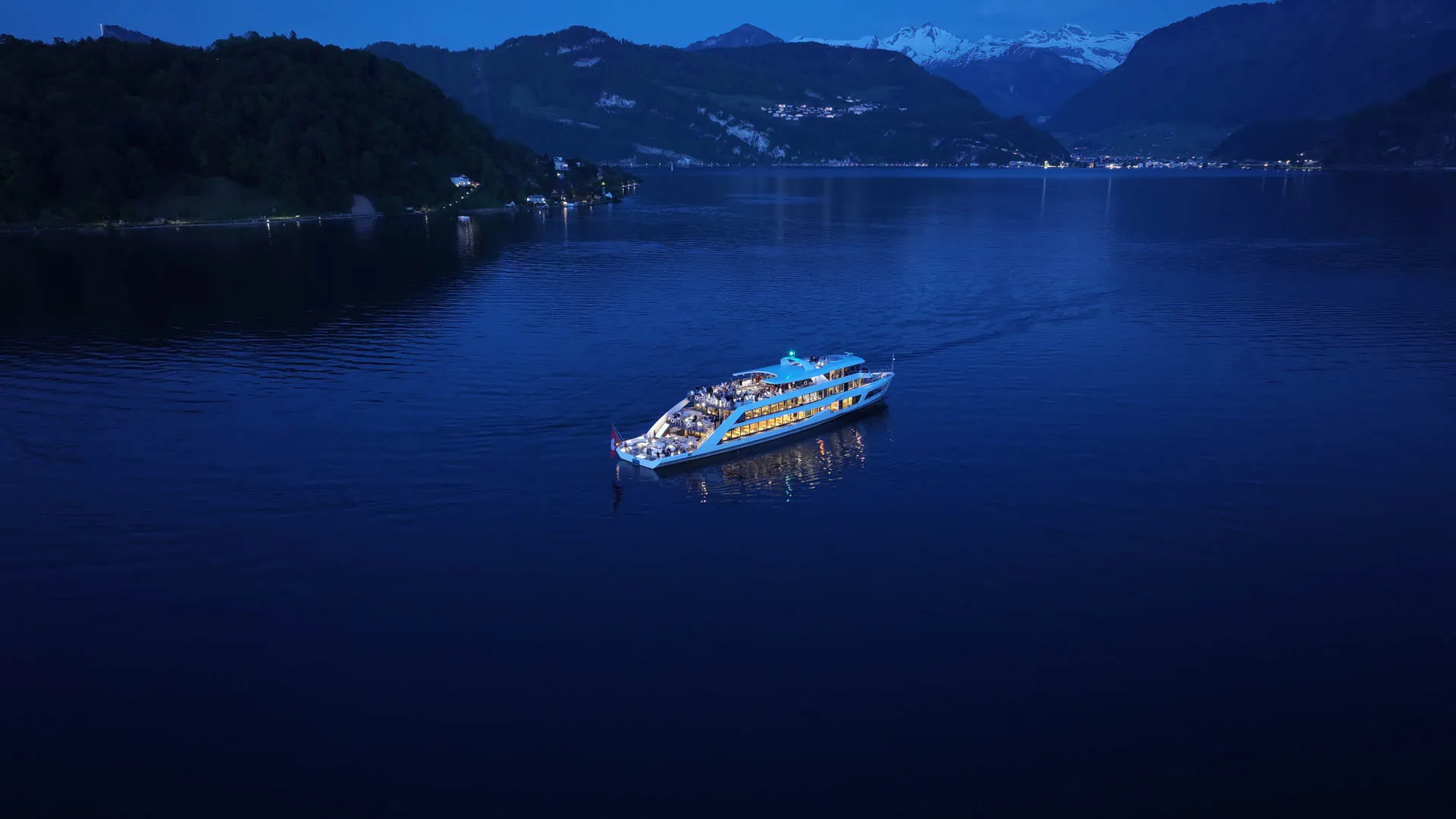 The MS Diamant on Lake Lucerne at dusk — Amway incentive programme