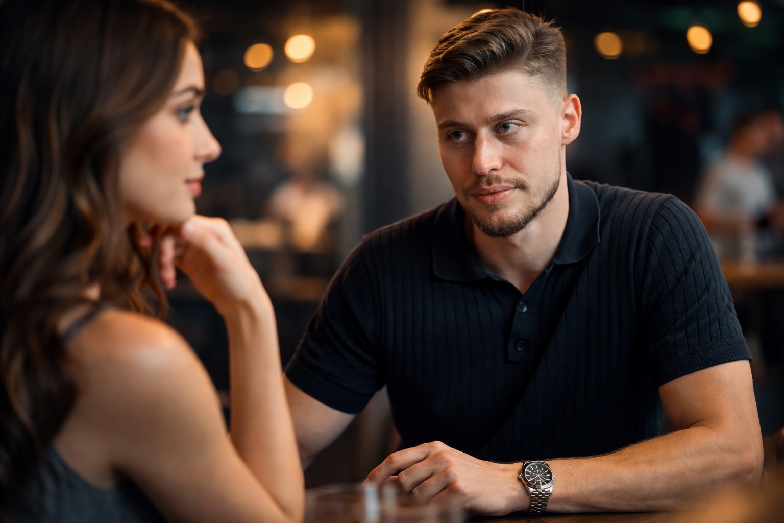 Lasse sitzt gegenüber von einer attraktiven frau, beide sitzen in einem restaurant