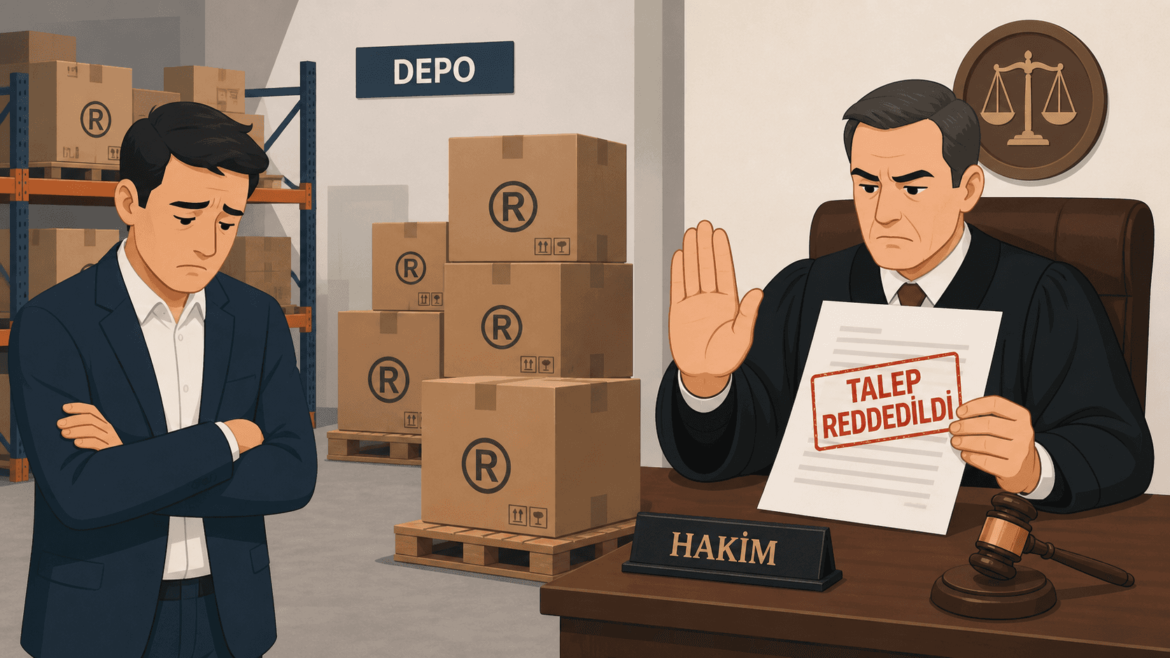 Marka hakkı ihlali nedeniyle depoda bekleyen tescilli ürün kutuları ve talebi reddeden hakim karşısında üzgün görünen hak sahibi illüstrasyonu.