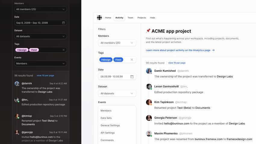 A responsive dashboard showing an activity feed UI built in Figma for a SAAS application