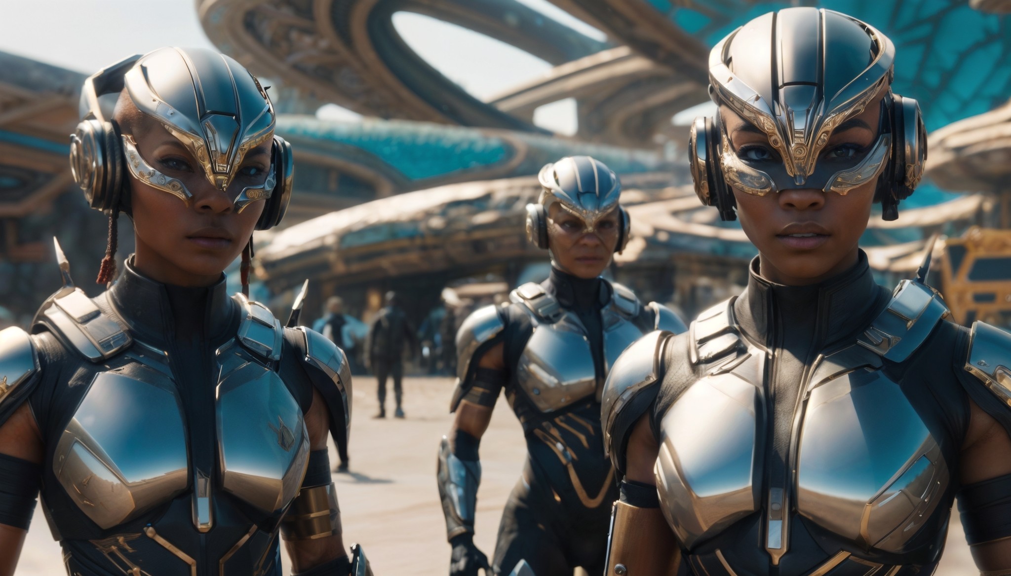 3 female figures from a futuristic sci-fi civilisation, dressed in black and chrome armour and fururistic helmets.