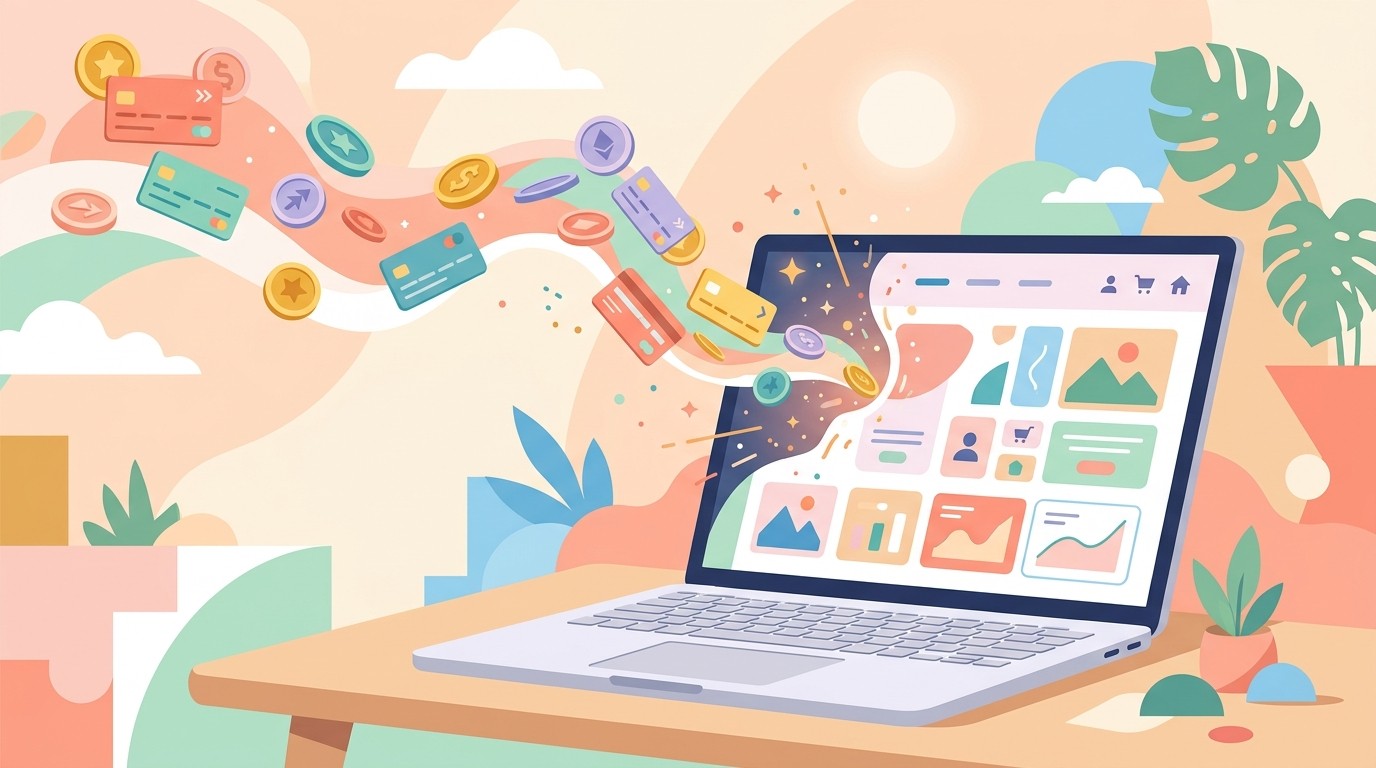 Flat illustration of credits flowing into a laptop that is assembling a beautiful small business website