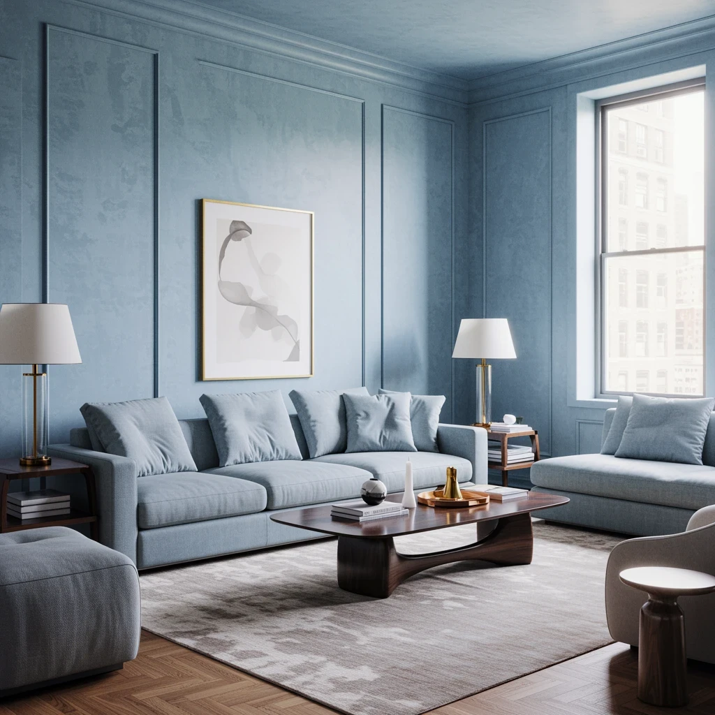Elegant Queens living room featuring smooth light blue Venetian plaster walls that create a sophisticated backdrop for modern furniture and natural light