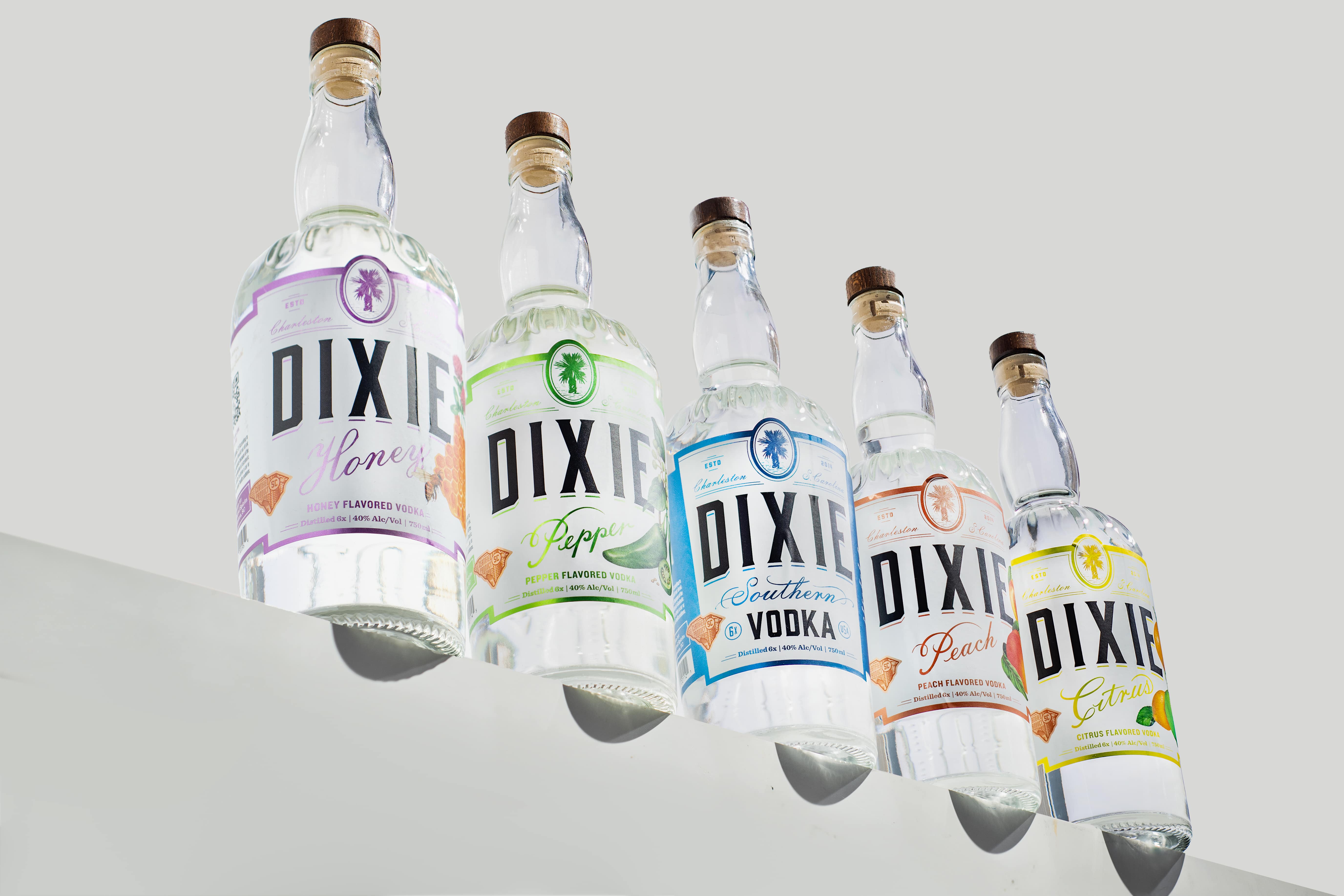 Row of dixie vodka bottles