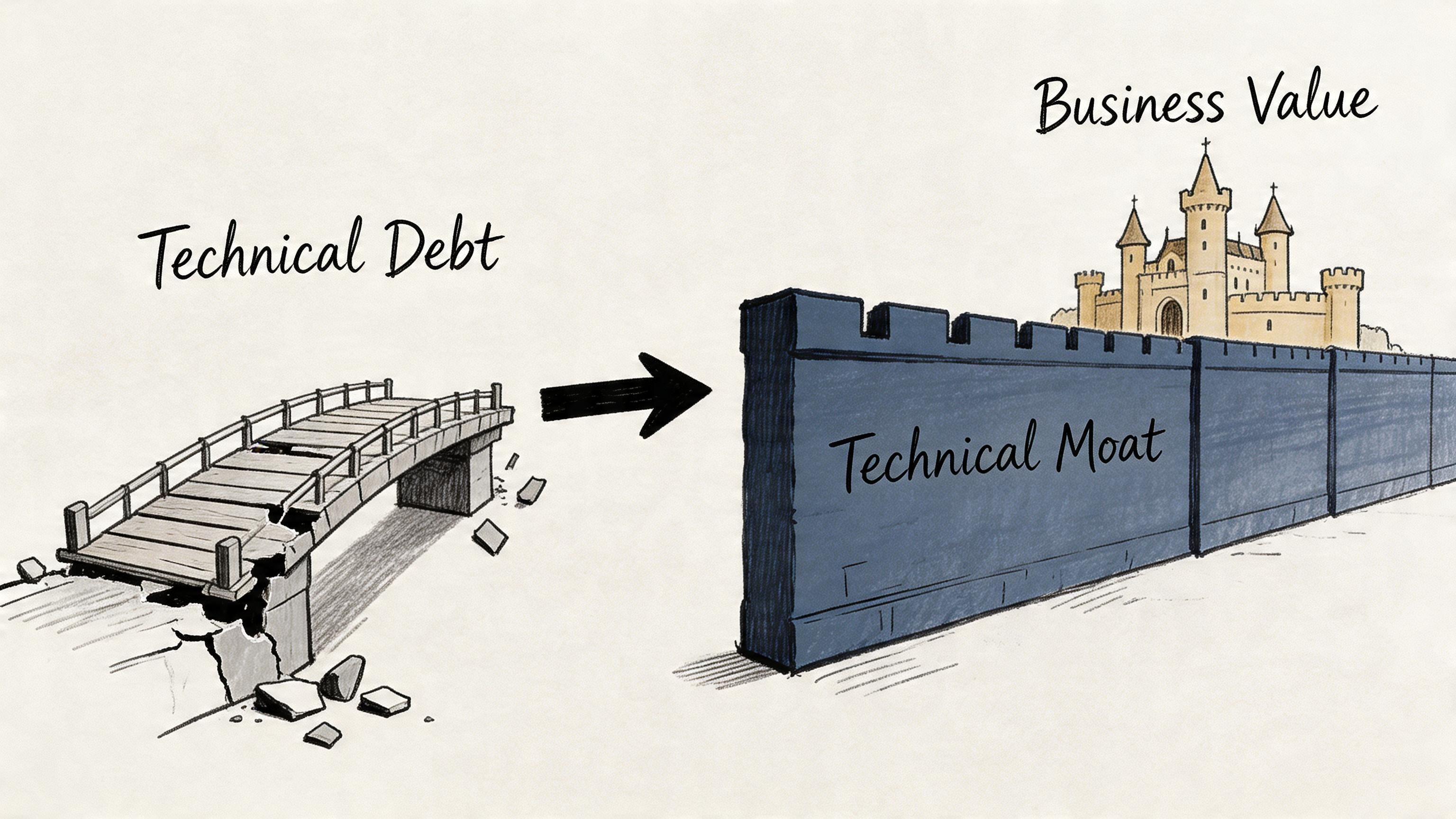 An illustration contrasting technical debt as a crumbling bridge versus a technical moat protecting business value.