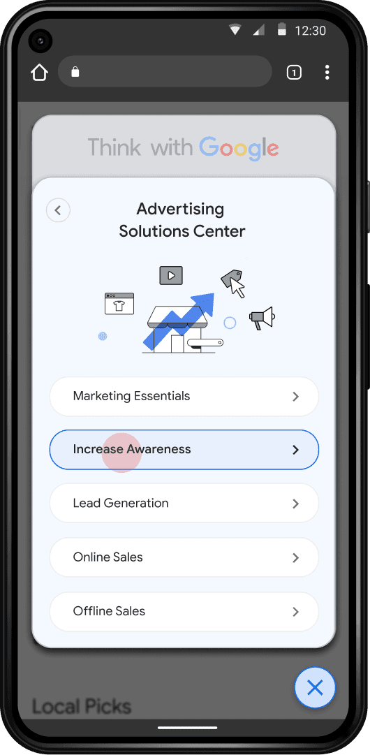 Mobile screen display of the Think with Google home page