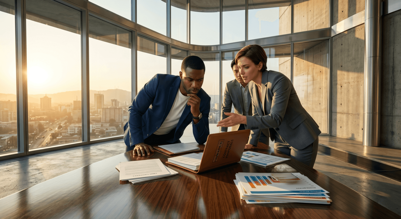 Three athletes wearing suits in a boardroom