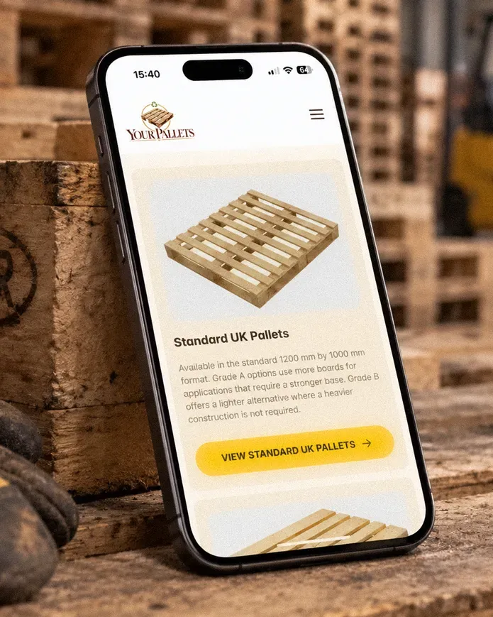 Your Pallets sales page on a iphone in a warehouse setting