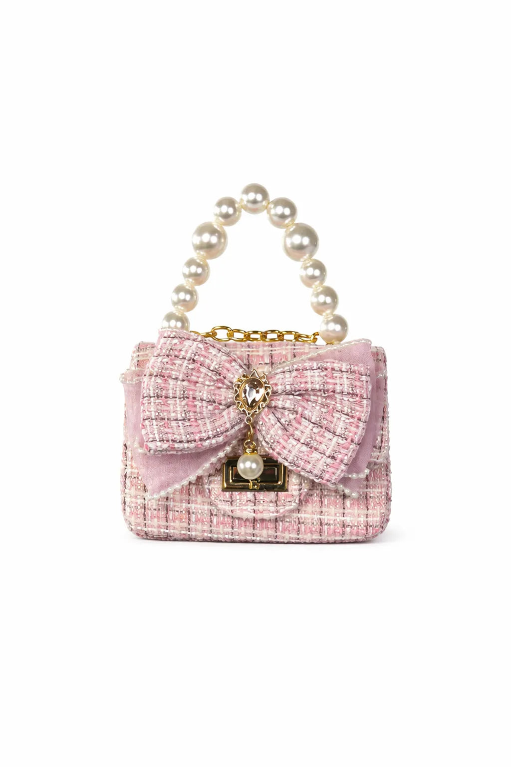 Woven Antique handbag with bow and pearl handle on a white background
