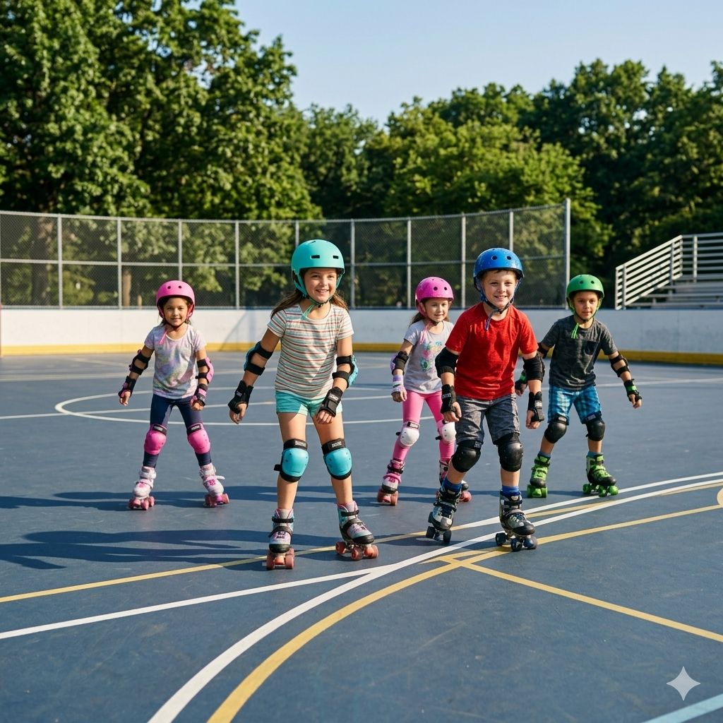 happy and energetic children skating while wearing full safety gears