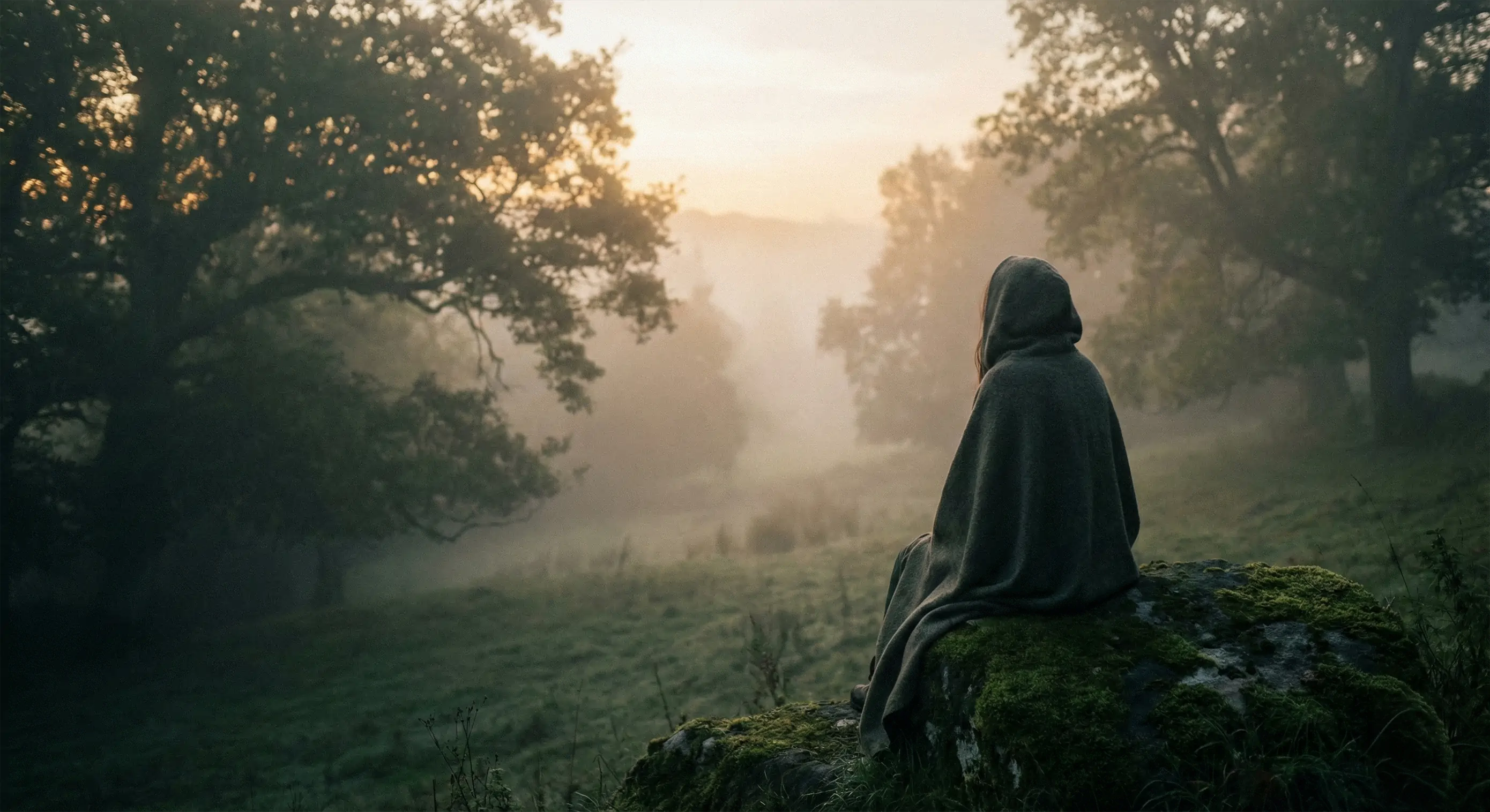 Silhouette assise de dos sur un rocher, dans un paysage forestier embrumé au lever du soleil, évoquant la solitude et le recueillement.