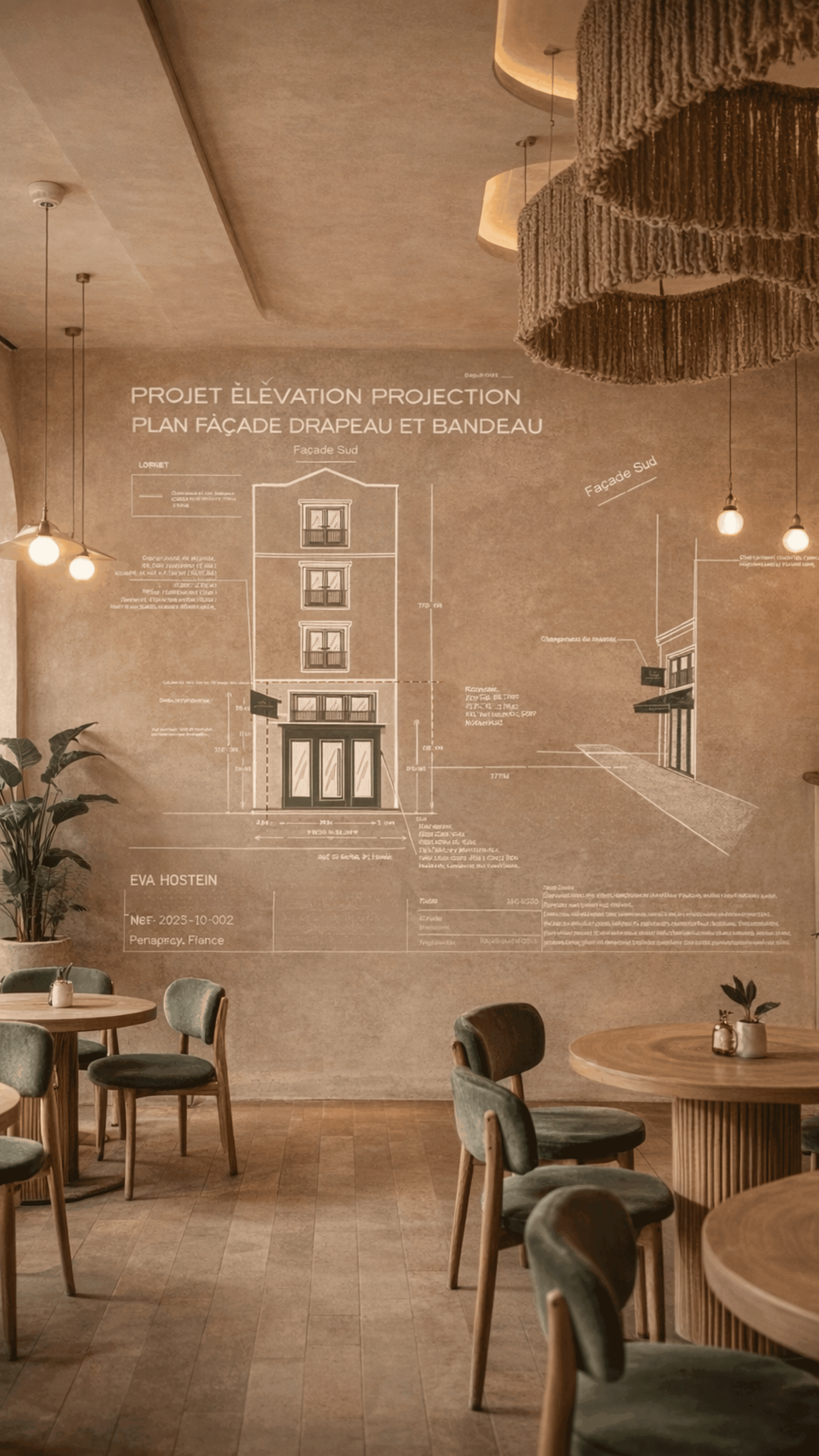 Plans d'aménagement cotés et outils de mesure sur table – préparation d'un dossier ERP par Eva Hostein, architecte d'intérieur à Bordeaux