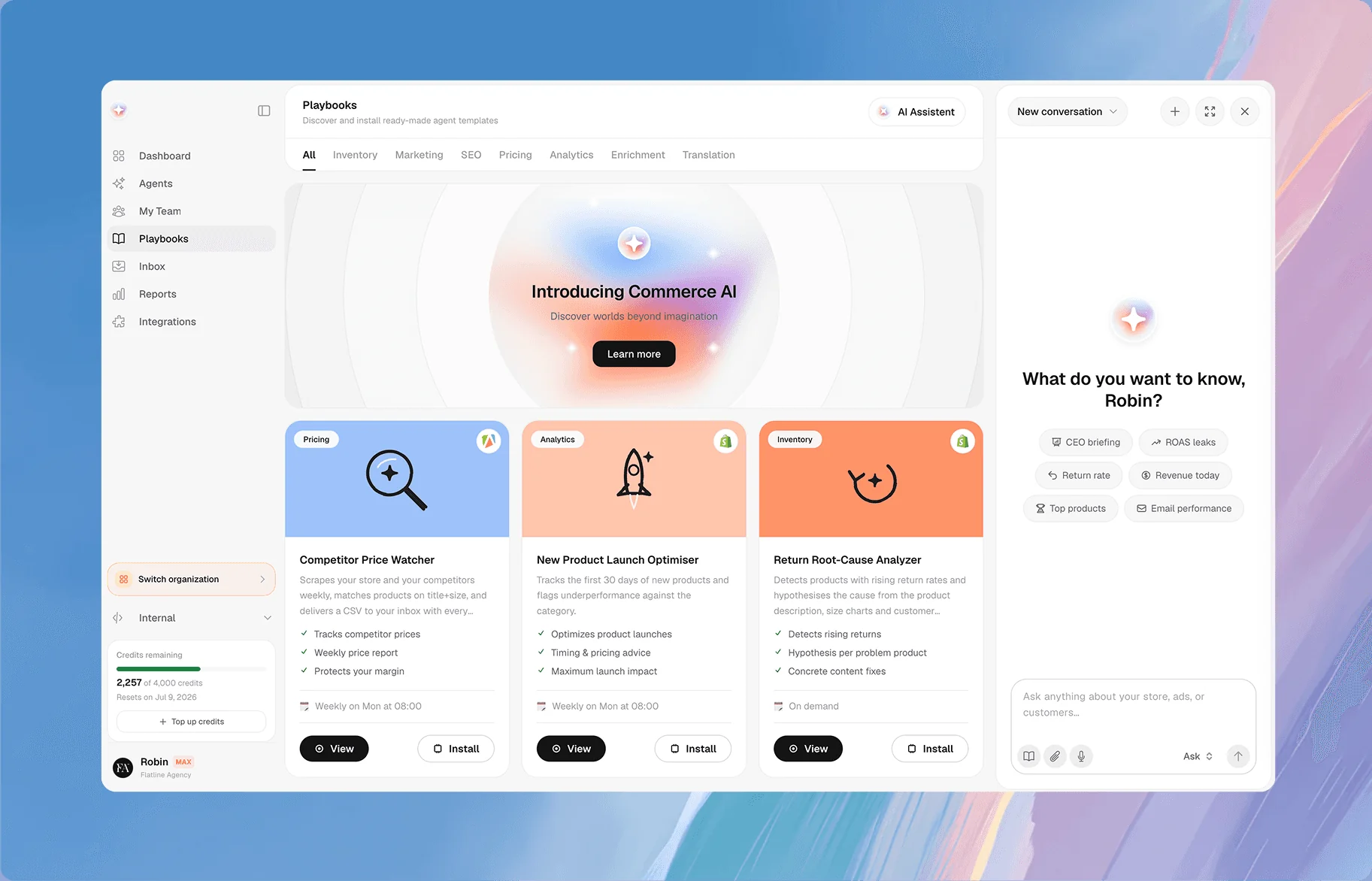Commerce365 with ready-made agent playbooks and the AI assistant