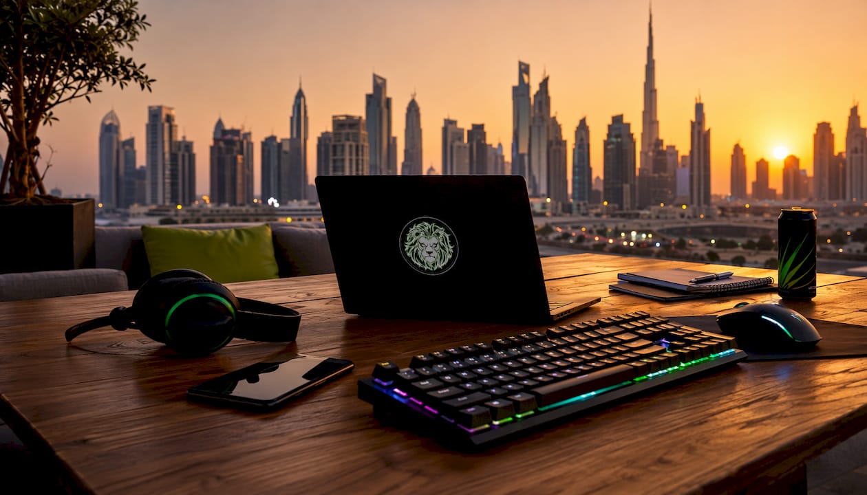 Hands typing on gaming keyboard with city view