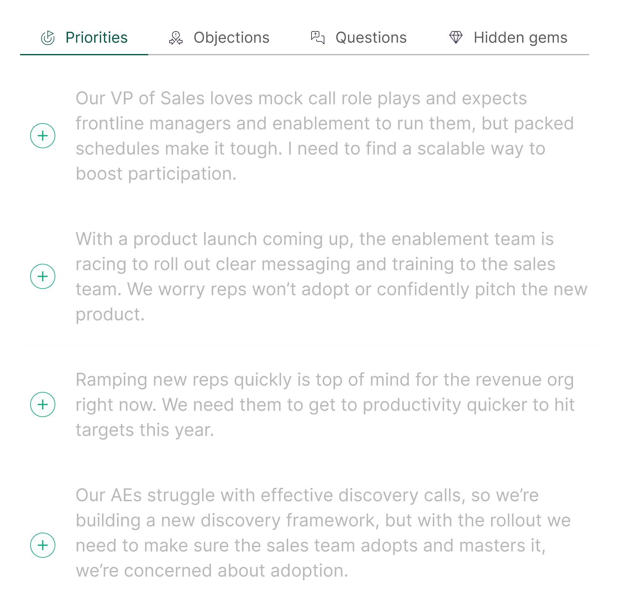 Selection menu for sales priorities including mock call scalability, product launches, and ramp-up speed.