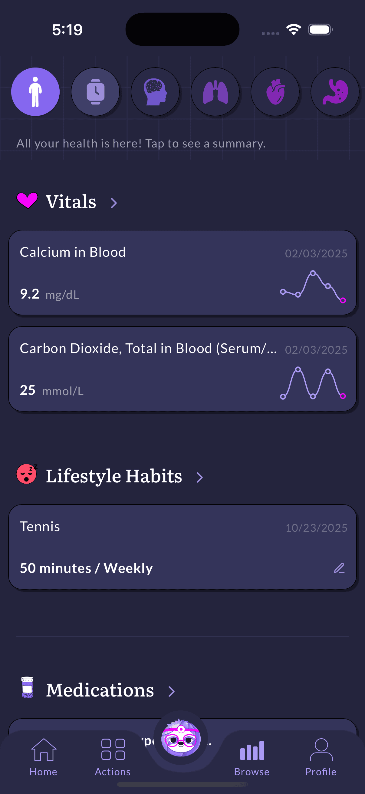 Slothwise dashboard connecting health records, wearables, and insurance data in one view