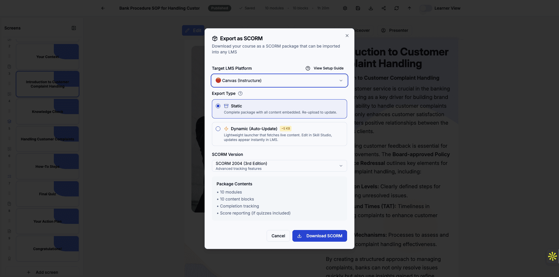 Click the platform dropdown again to explore other LMS options available for export.