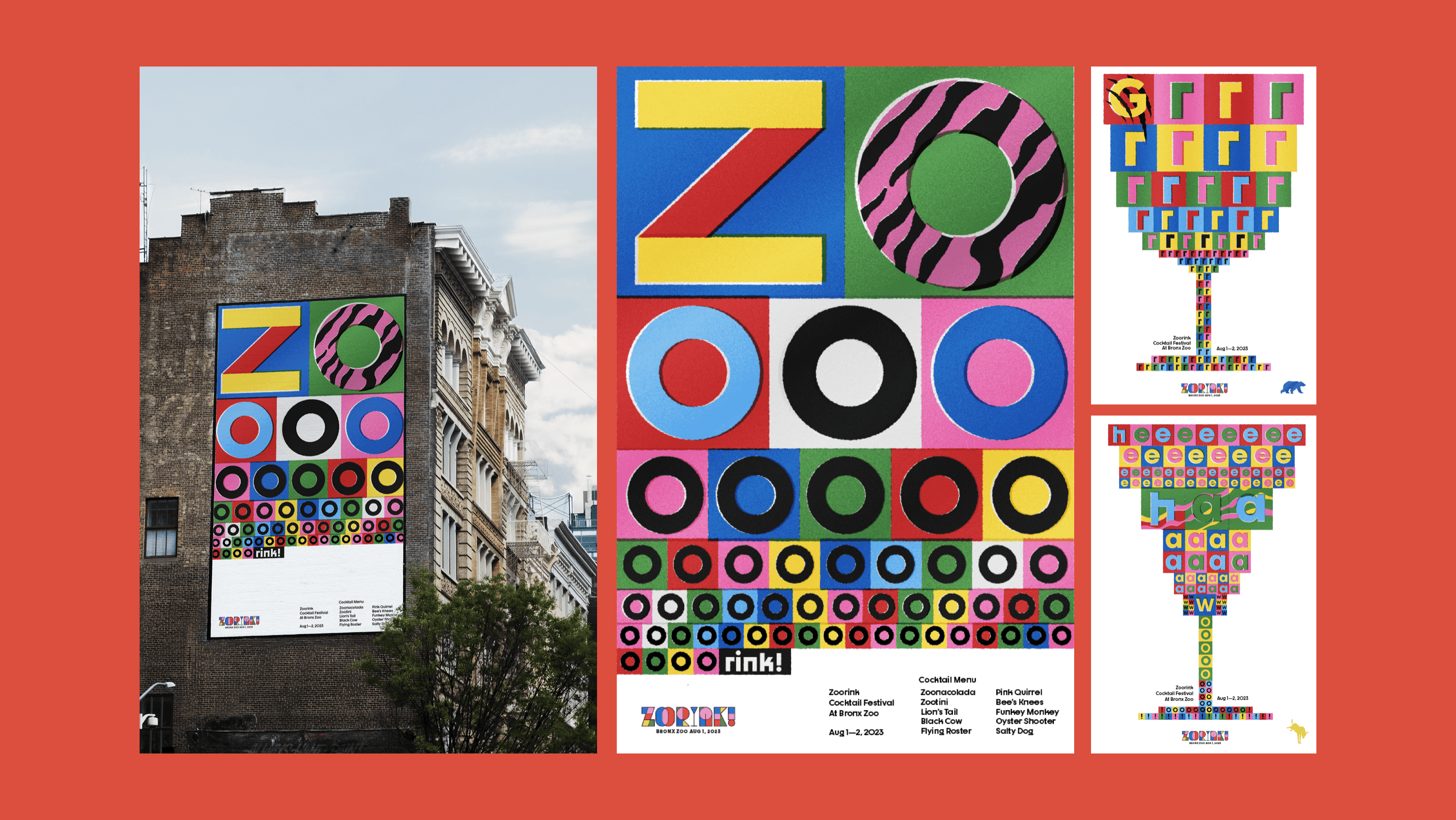 series of posters with big letters and billboard on building