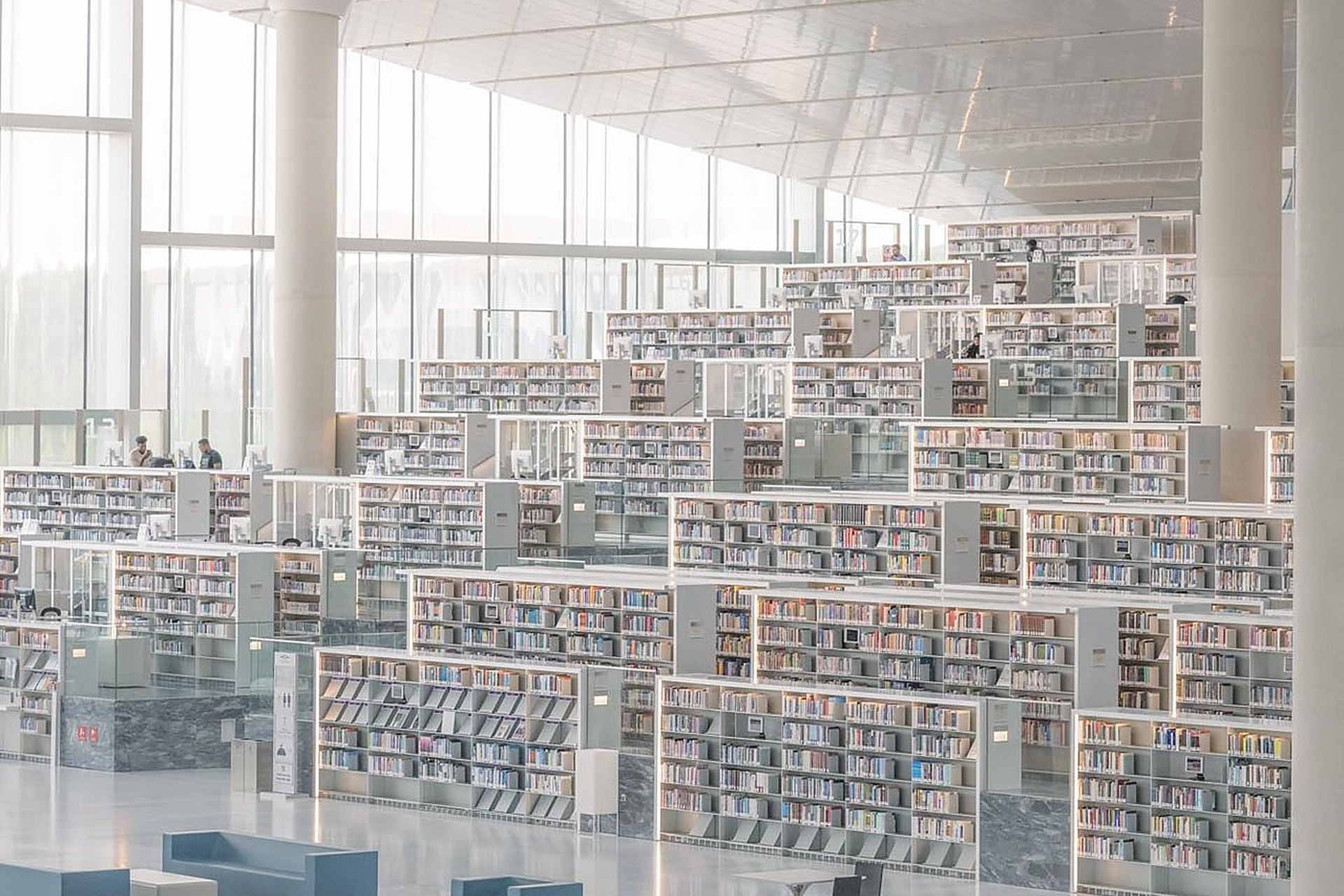 La salle de lecture de la Bibliothèque nationale du Qatar, à Doha, et ses rayonnages en gradins sous la verrière, le lieu d'étude le plus spectaculaire du pays au moment de la rentrée scolaire