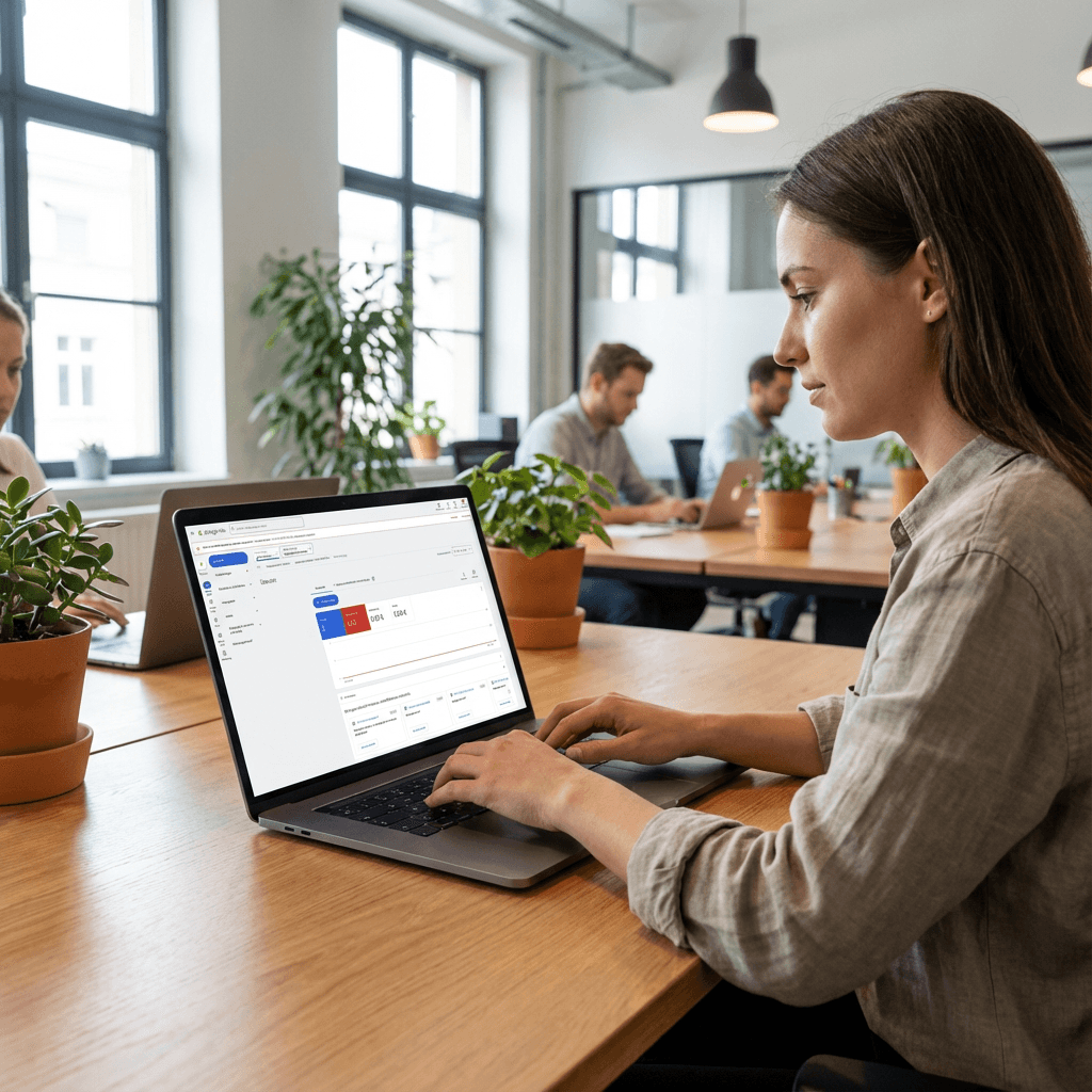 Eine Frau optimiert ihre Google Ads Kampagnen am Laptop. Die Google Ananlytics Integration in anny hilft ihr die besten Anzeigen und Keywords zu erkennen.