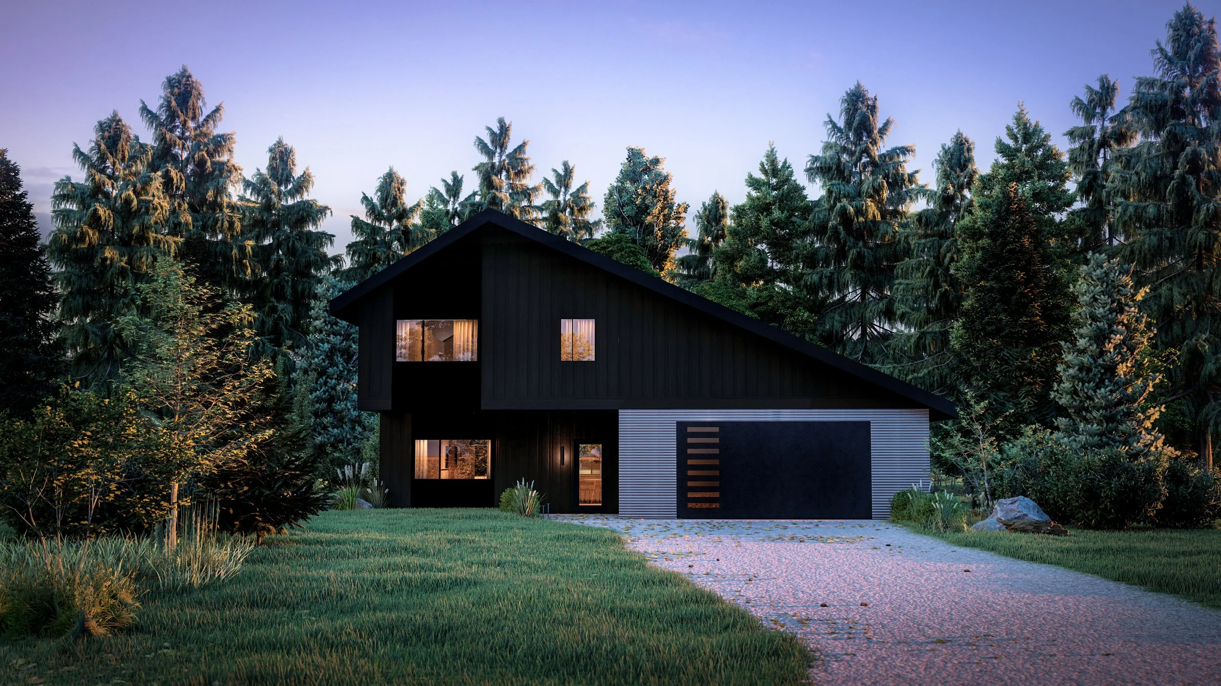 Modern two-story home with large glass windows, warmly lit interiors, and a balcony. Surrounded by trees and a manicured lawn at dusk. Cozy ambiance.