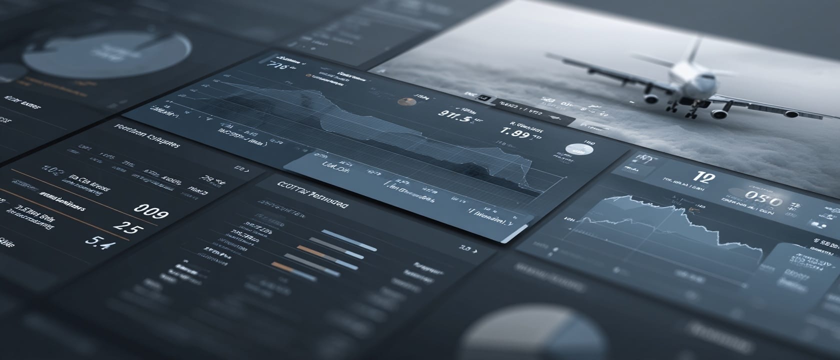 Aviation analytics dashboard with aircraft imagery, charts, and operational metrics, representing real-time visibility, performance monitoring, and intelligent coordination in aerospace logistics.