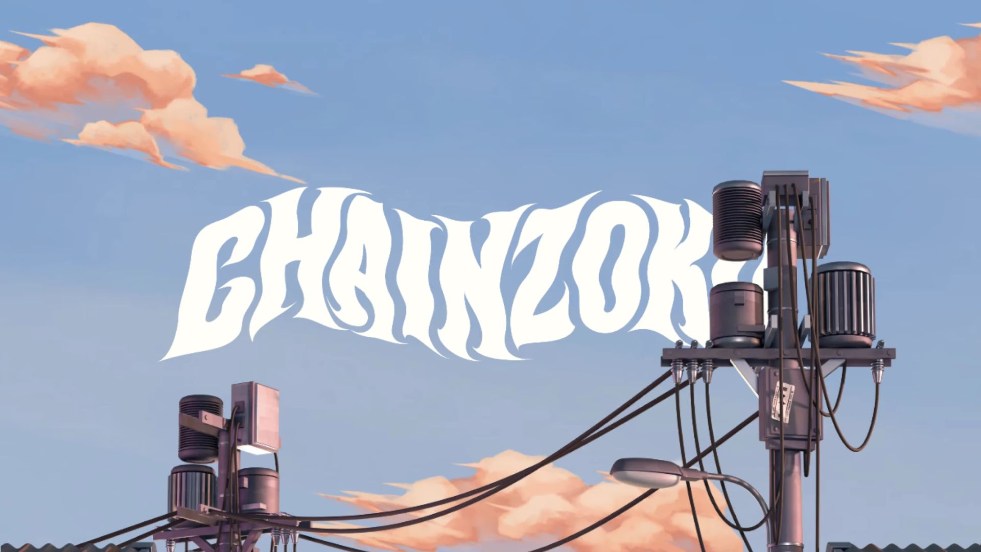 Stylized image featuring the word 'CHAINZOKU' in flowing white text against a backdrop of orange clouds and industrial air vents on a roof