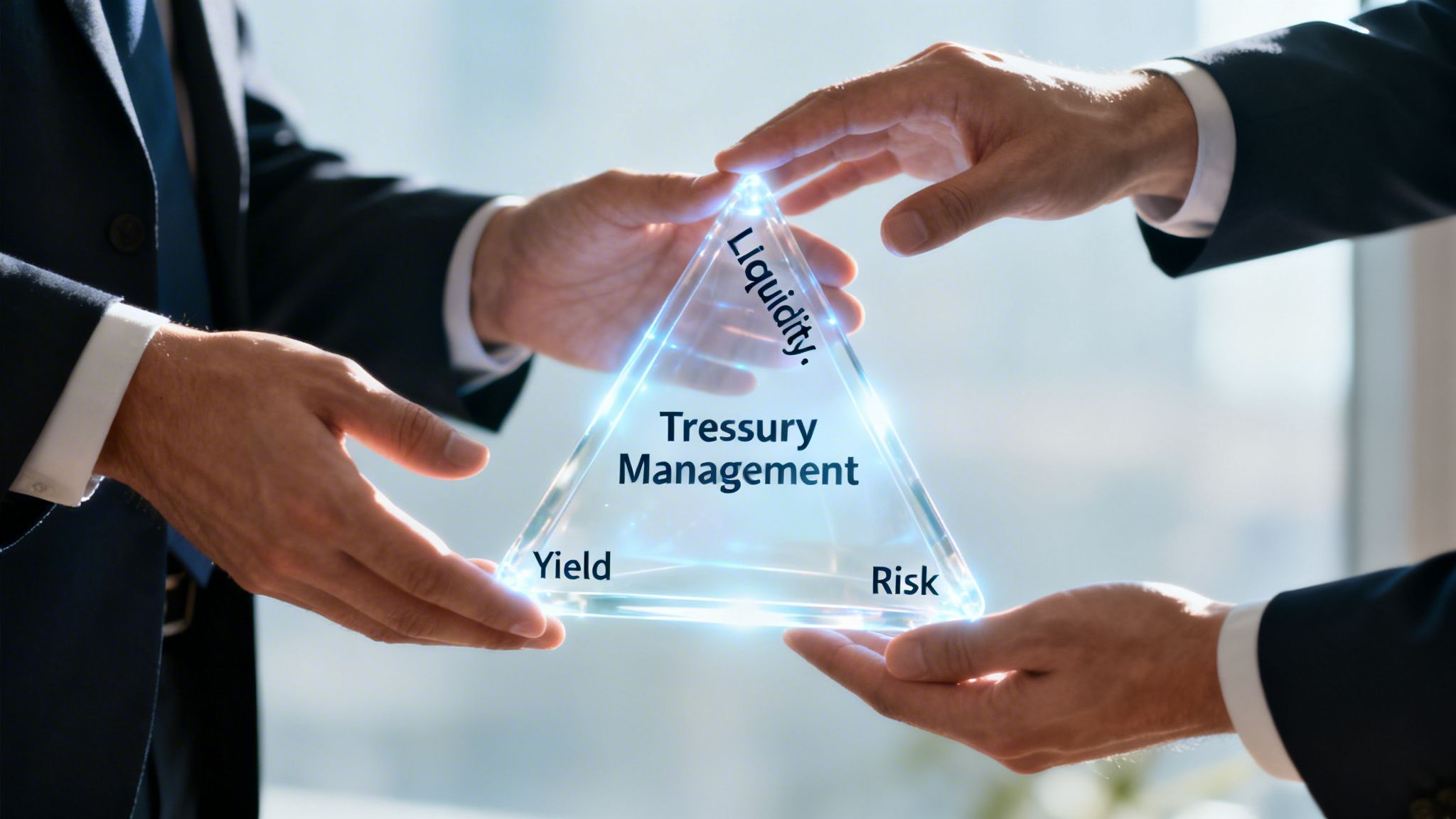 Two business professionals holding a glowing glass triangle representing the key concepts of treasury management.