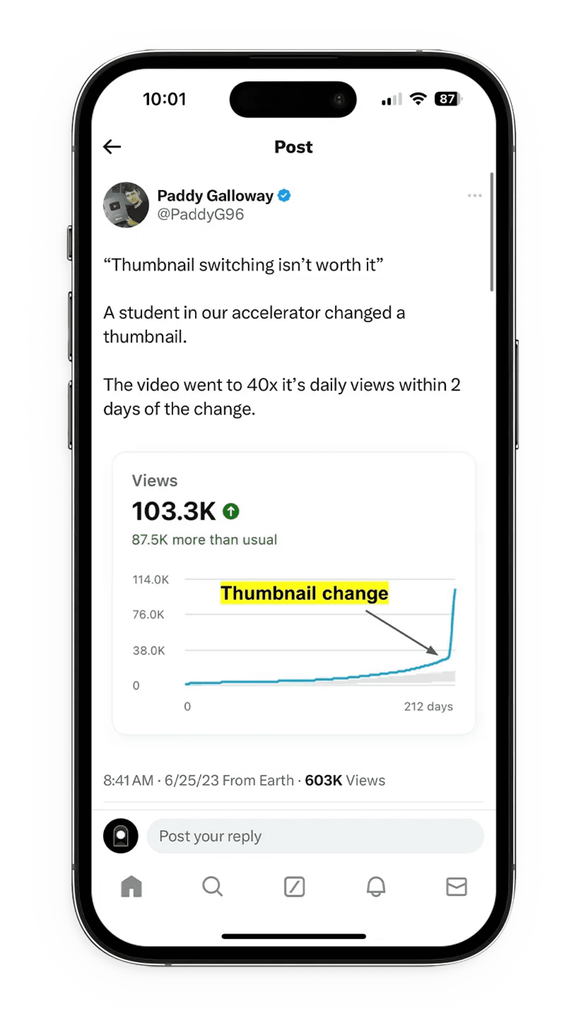 Screenshot of Paddy Galloway showing Youtube Thumnail statistic