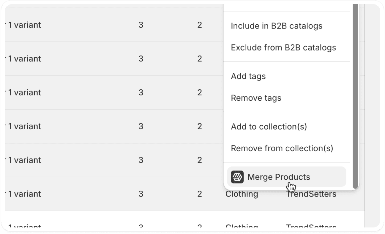 Select Merge Products in Shopfiy admin - detail