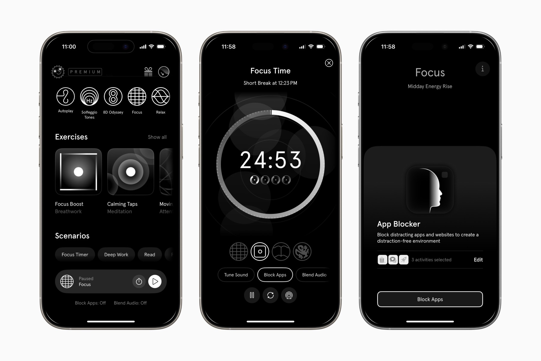 Endel features from left to right: soundscapes and exercises, app blocker, and focus timer