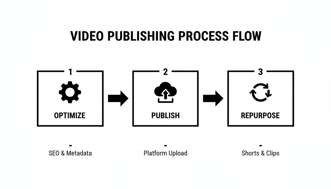 A three-step video publishing process flow diagram: optimize, publish, and repurpose content.