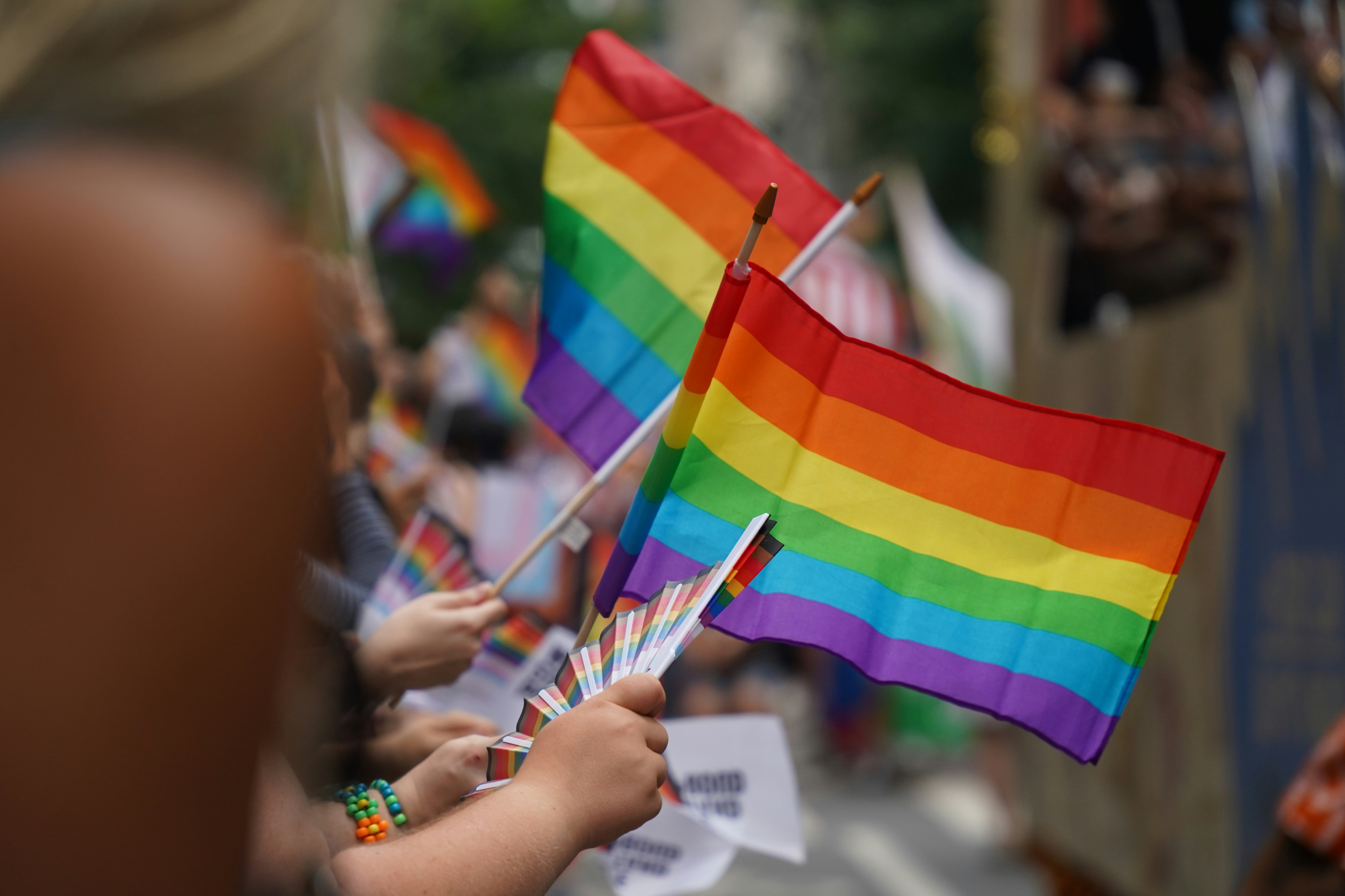 People holding Pride flags during a street parade.