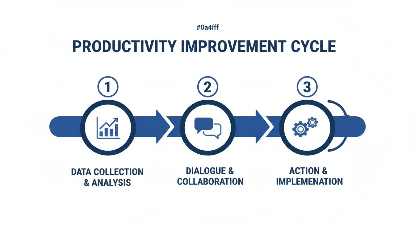 A 3-step productivity improvement cycle diagram with data collection, dialogue, and action phases.