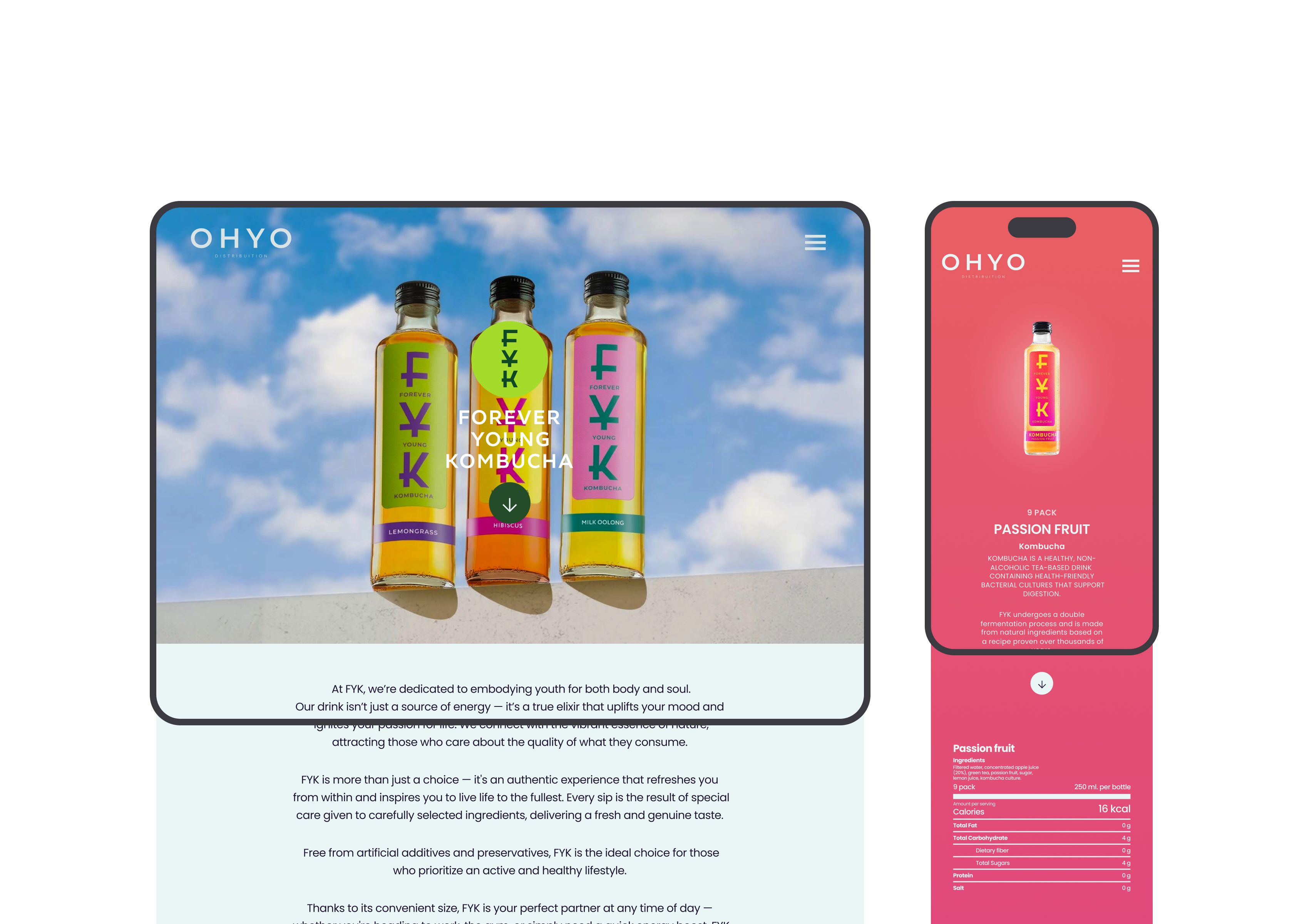 Forever Young Kombucha web page featuring product hero bottles and mobile version design for OHYO.
