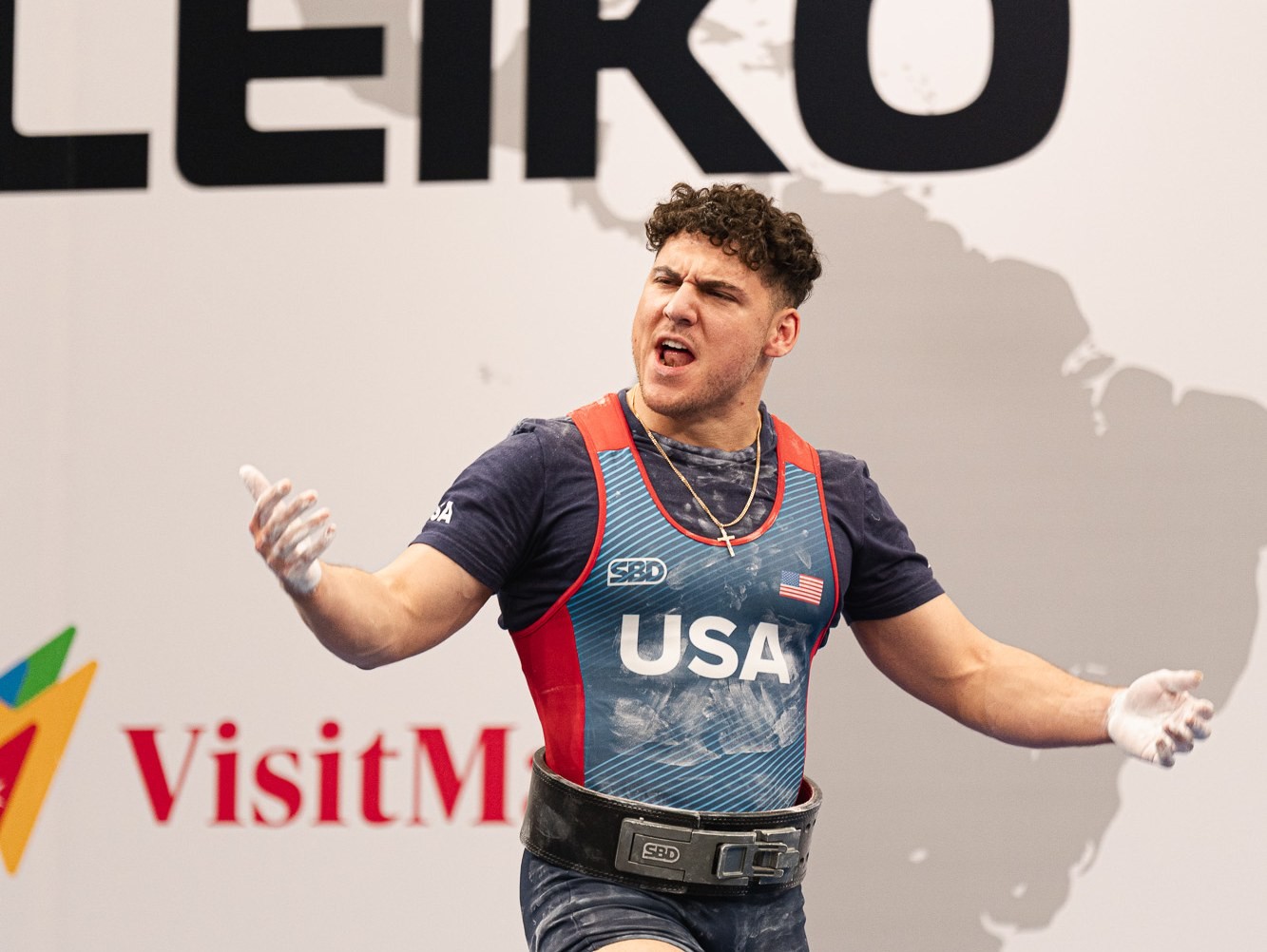 Joe Borenstein celebrating a lift at the 2026 IPF World Classic Championships