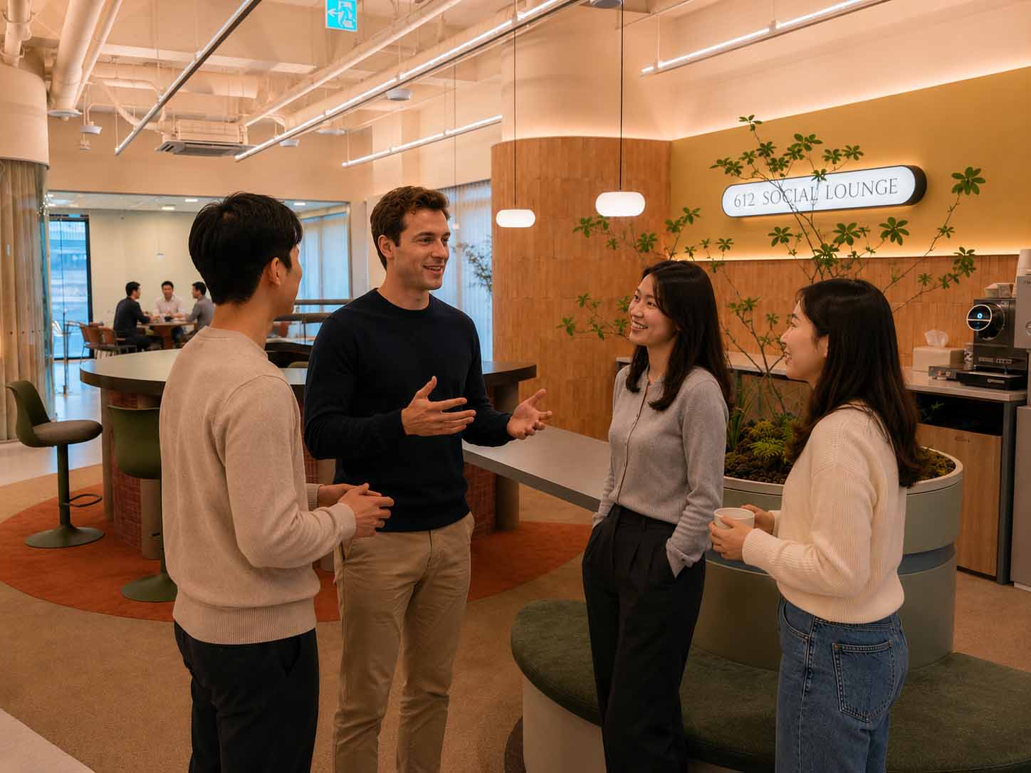 원어민 코치와 수강생들이 영어로 자연스럽게 대화하며 실전 영어회화를 연습하는 612 소셜 라운지 공간.
