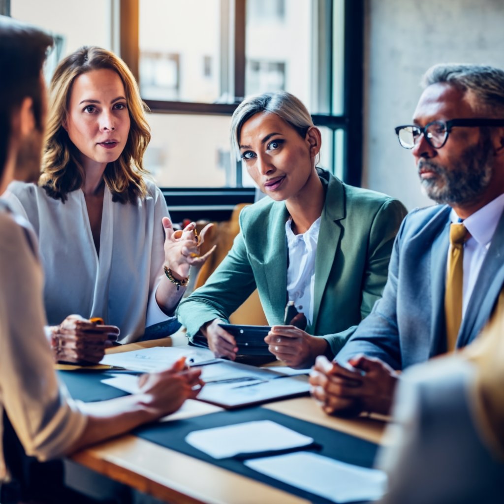 A multicultural team of professionals analyzing visa application paperwork in a brightly lit conference room, symbolizing collaborative E3 visa planning.