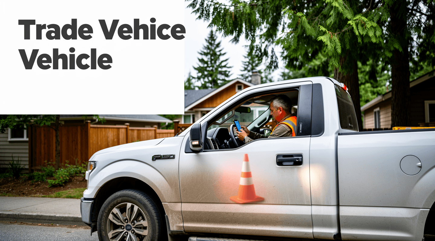 A working pickup truck at a jobsite curb with the driver in mid-trip-log entry on a phone, hi-vis vest visible in the background